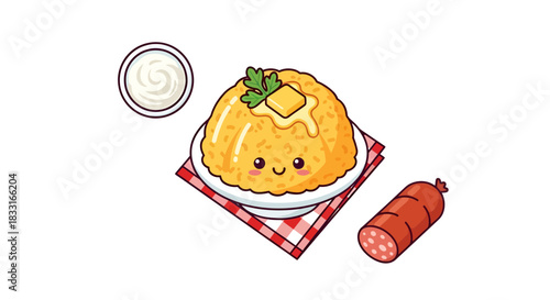 Cute cartoon food arrangement featuring mashed potatoes, sausage, and creamy condiment