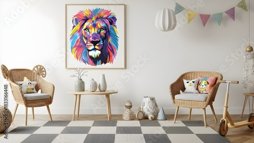 Playful kids room interior with colorful lion artwork and cute animal themed decor elements