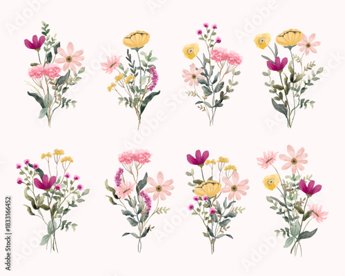 pink yellow wildflower watercolor bouquet collection