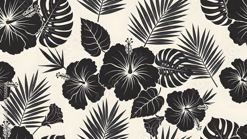 Stylish Black Floral Pattern with Hibiscus and Tropical Leaves on Cream Background