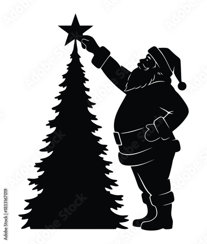Santa Claus silhouette is putting a star on top of a Christmas tree in a festive holiday scene