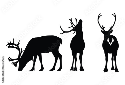 Three reindeer silhouettes are shown in different poses against a white background creating a simple and elegant design