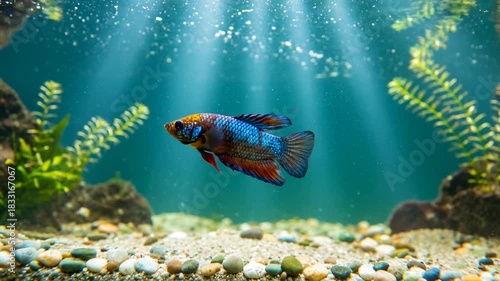 A vibrantly colored fish swims in a well-lit, planted aquarium