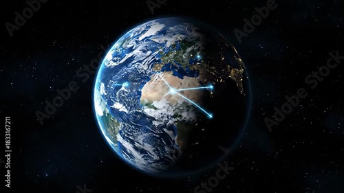 A view of Earth, showing daylight, night cities, and clouds, from space