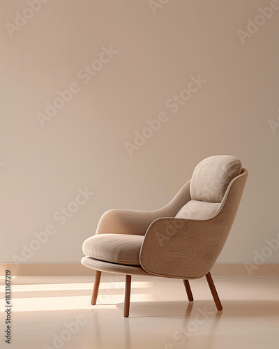 Soft beige armchair in a bright minimalist room with warm sunlight. Cozy, elegant, simple interior aesthetic.