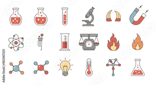 Delightful set of science vector icons illustrating diverse scientific fields and equipment