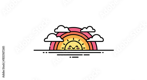 Delightful sunrise vector illustration featuring a smiling sun over colorful skies and fluffy clouds