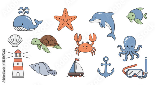 Delightful Underwater World: Cute Cartoon Sea Creatures and Nautical Elements Collection
