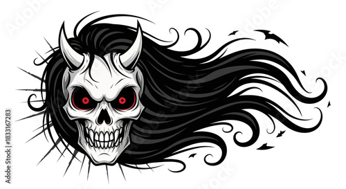 Demonic skull with flowing hair creating a captivating vector illustration for design projects