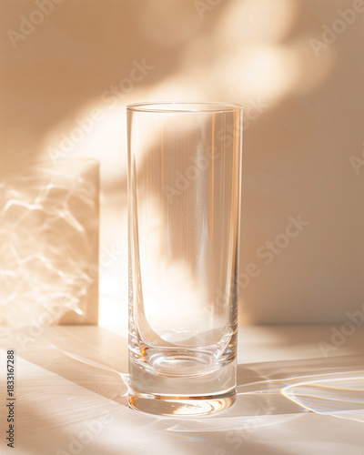Clear glass filled with water standing in soft golden sunlight, casting delicate reflections. Clean, fresh, minimal aesthetic.