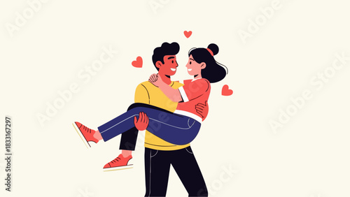 Flat vector illustration of a man holding a happy woman in his arms, smiling. Ideal for themes of love, relationships, marriage, or couple happiness.