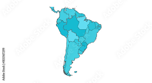 Detailed depiction of the South American continent with political borders in cyan color scheme