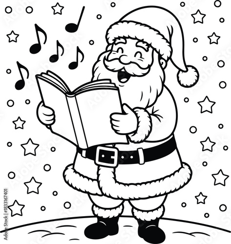 Santa Claus singing vector illustration with musical notes stars snowflakes and festive holiday celebration theme