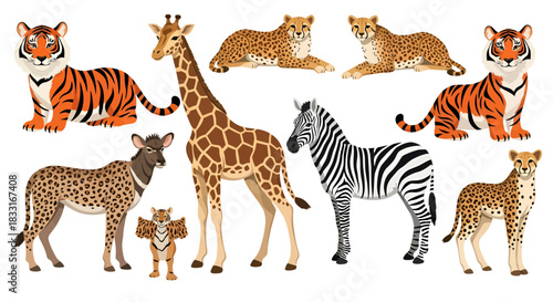 Diverse animal cartoon collection with tigers, cheetahs, zebra, giraffe and antelope