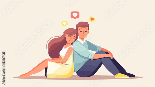 Flat vector of a couple sitting back to back, leaning on each other's backs, enjoying comfort and togetherness.