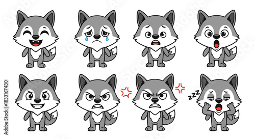 Diverse emotions presented through endearing wolf characters in a playful arrangement presenting