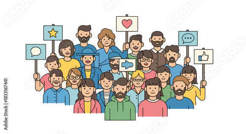 Diverse group holding signs representing online interaction and digital engagement strategies