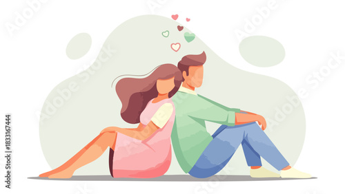 Flat vector of a couple sitting back to back, leaning on each other's backs, enjoying comfort and togetherness.