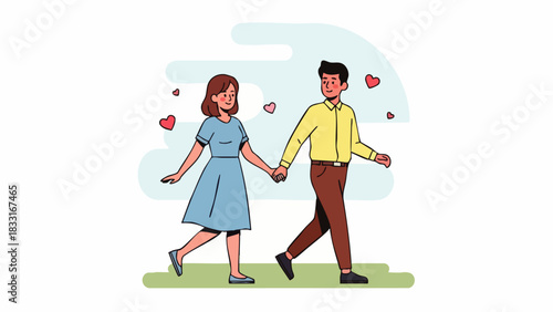 Flat vector illustration of a couple walking together, holding hands. Depicting relationships and the bonds of marriage. Ideal for Valentine's Day marketing, holiday invitations, or seasonal promotion