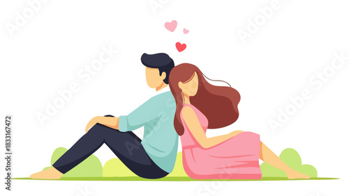 Flat vector of a couple sitting back to back, leaning on each other's backs, enjoying comfort and togetherness.