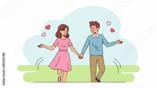 Flat vector illustration of a couple walking together, holding hands. Depicting relationships and the bonds of marriage. Ideal for Valentine's Day marketing, holiday invitations, or seasonal promotion