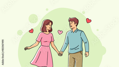 Flat vector illustration of a couple walking together, holding hands. Depicting relationships and the bonds of marriage. Ideal for Valentine's Day marketing, holiday invitations, or seasonal promotion