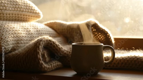 A warm, cozy scene with a mug, blankets, and natural sunlight