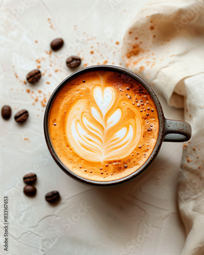 Top view of a cappuccino with elegant latte art, scattered coffee beans and powder accents. Warm, cozy café atmosphere.