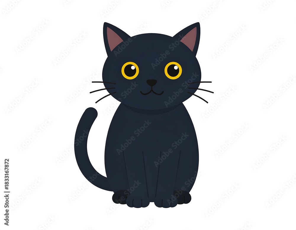 Obraz premium Cute, simple black cat with golden eyes sits upright on a white background