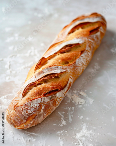 Golden crispy baguette on a floured surface. Rustic bakery style with artisan texture and warm tones.
