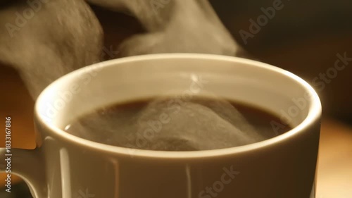 A warm white mug filled with dark liquid, rising steam