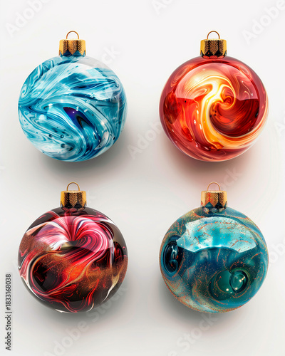 Four glossy Christmas ornaments with vibrant marble patterns and golden caps. Bright, modern holiday decoration