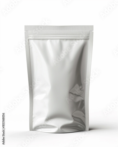 Matte white stand-up pouch on a clean background. Minimalistic product packaging mockup.