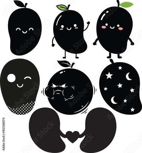 Kawaii Mango Mascot Silhouette Vector Set - Cute Fruit Characters with Emotions