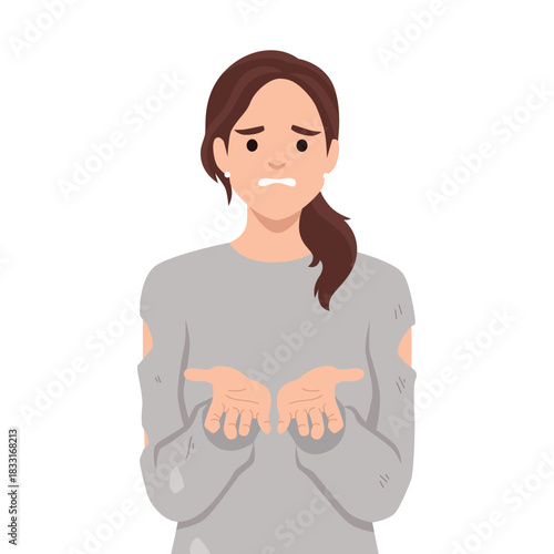 Sad Homeless Woman Asking for Help with Empty Hands. Flat vector illustration isolated on white background