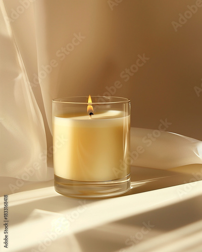Lit scented candle in a glass holder with gentle warm light and soft fabric background