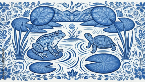 Blue floral pattern featuring a frog on a lily pad and a turtle in a pond with water plants