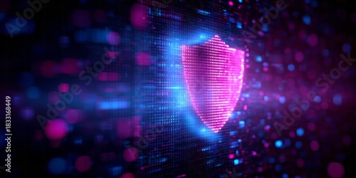 Digital glowing shield icon illuminates a dark cybernetic background with abstract light particles