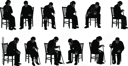 Elderly man sitting silhouette poses, senior adult with cane, aging concept, loneliness illustration, mobility support, chair sequence
