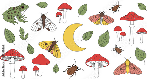 Hand-Drawn Vector Set of Forest Elements Including Toadstool Mushrooms, Moths, Frog, Leaves, and Crescent Moon for Nature, Fairy Tale, and Whimsical Design