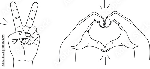 Hand-Drawn Line Art Vector Set of Hand Gestures Including Peace Sign and Heart Shape for Concepts of Love, Unity, Friendship, and Positive Communication