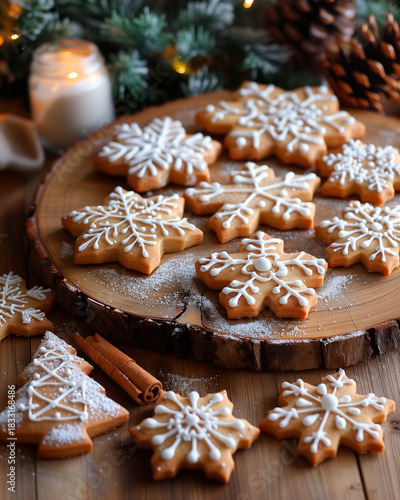 Iced gingerbread cookies in winter shapes on rustic wooden board with festive decor