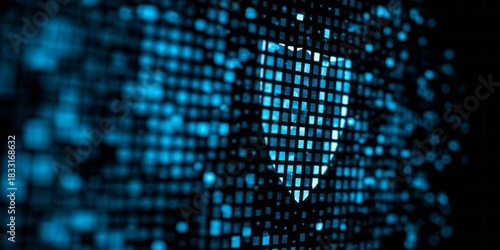 Digital shield icon illuminates a dark background composed of glowing blue square pixels