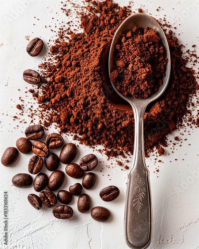 Ground coffee with metal spoon and roasted coffee beans on white background. Minimal food composition, top view, natural textures