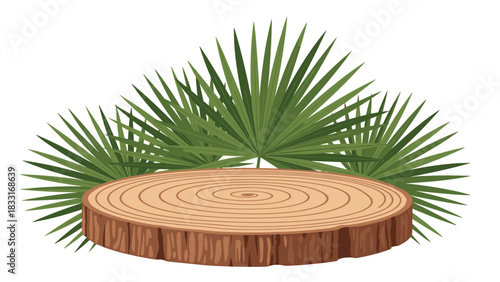 Rustic wooden display with vibrant green palm fronds for natural product presentation or tropical themed designs, earthy and organic