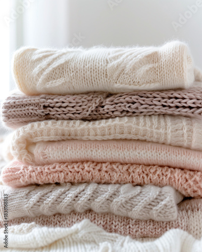 Soft knitted sweaters stacked neatly in neutral pastel tones. Cozy home, warmth and comfort concept