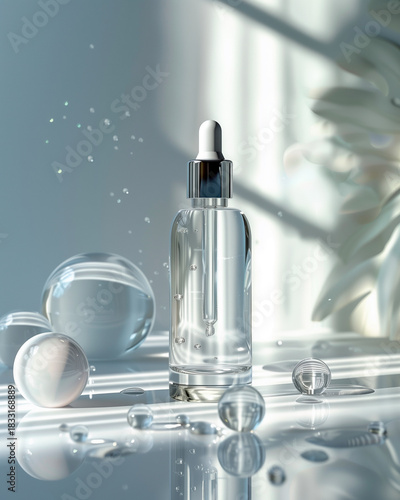 Transparent cosmetic serum bottle with dropper on bright background. Skincare, beauty and minimal product presentation