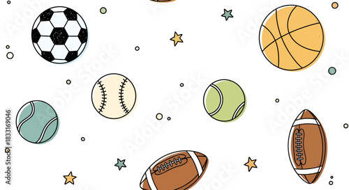Dynamic assortment of outlined sports balls seamless pattern, showcasing a fun and vibrant