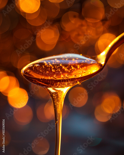 Golden honey dripping from spoon with warm bokeh background. Natural sweetness, organic food concept
