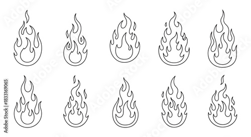 Dynamic collection of flame illustrations, outlining energy and heat for graphic design projects
